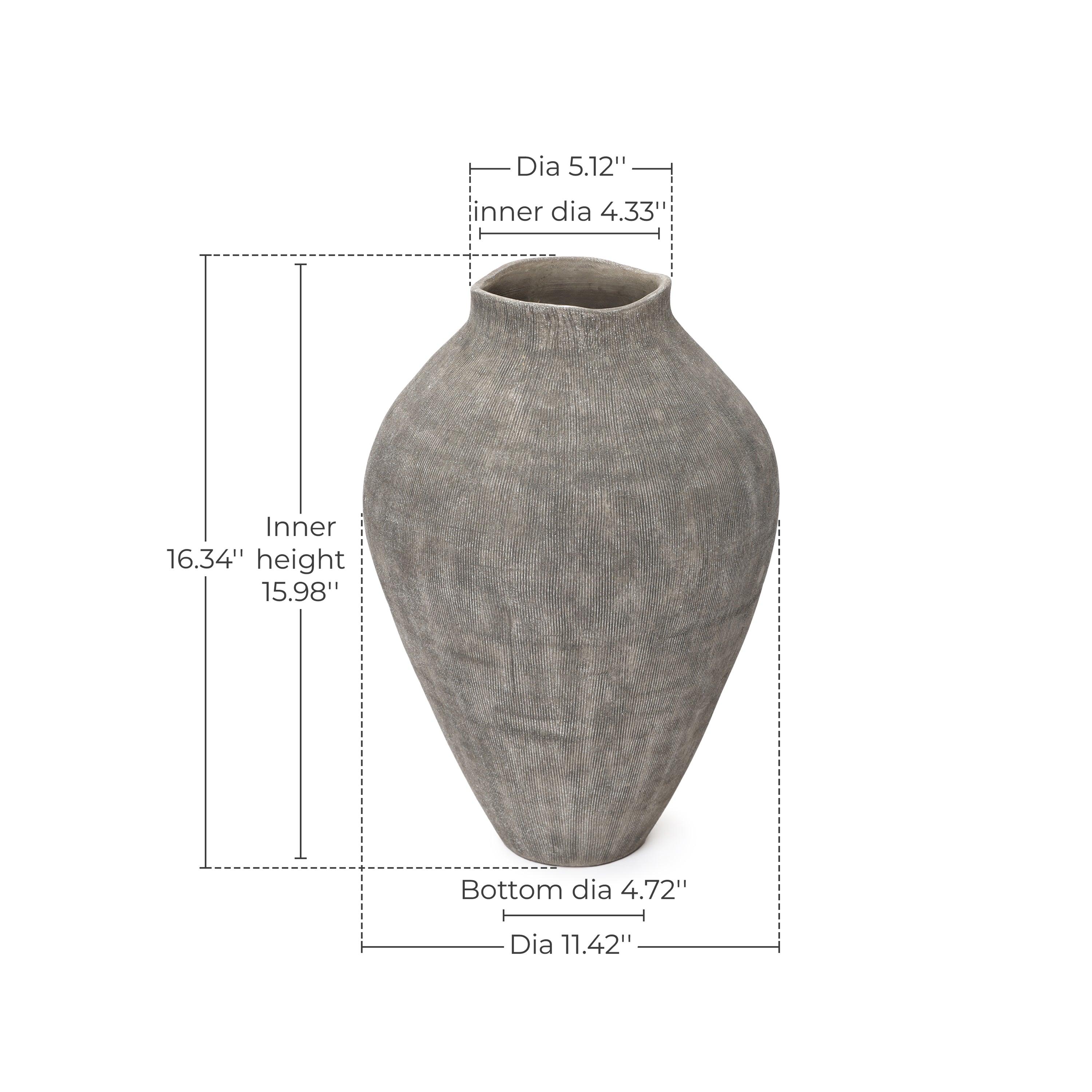 Tall Ribbed Terracotta Vase, Weathered Gray, 16"