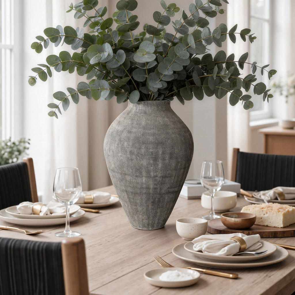 Tall Ribbed Terracotta Vase, Weathered Gray, 16"