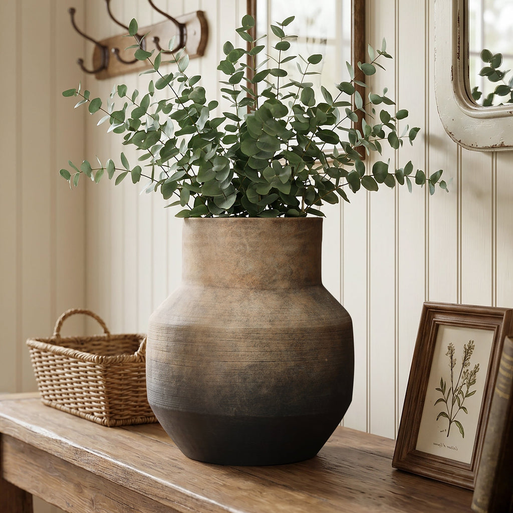Round Bowl Terracotta Vase, Brown Ombre, 13.5"