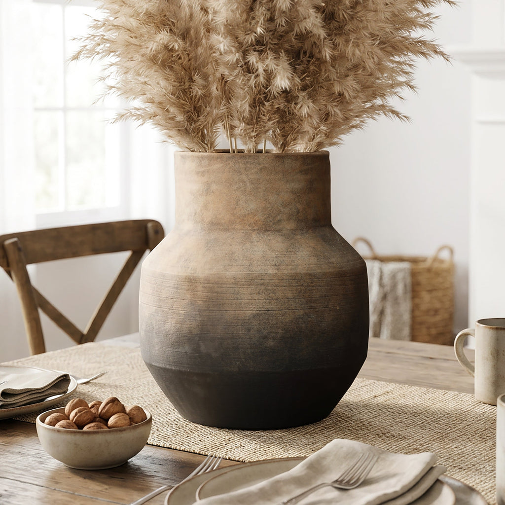 Round Bowl Terracotta Vase, Brown Ombre, 13.5"