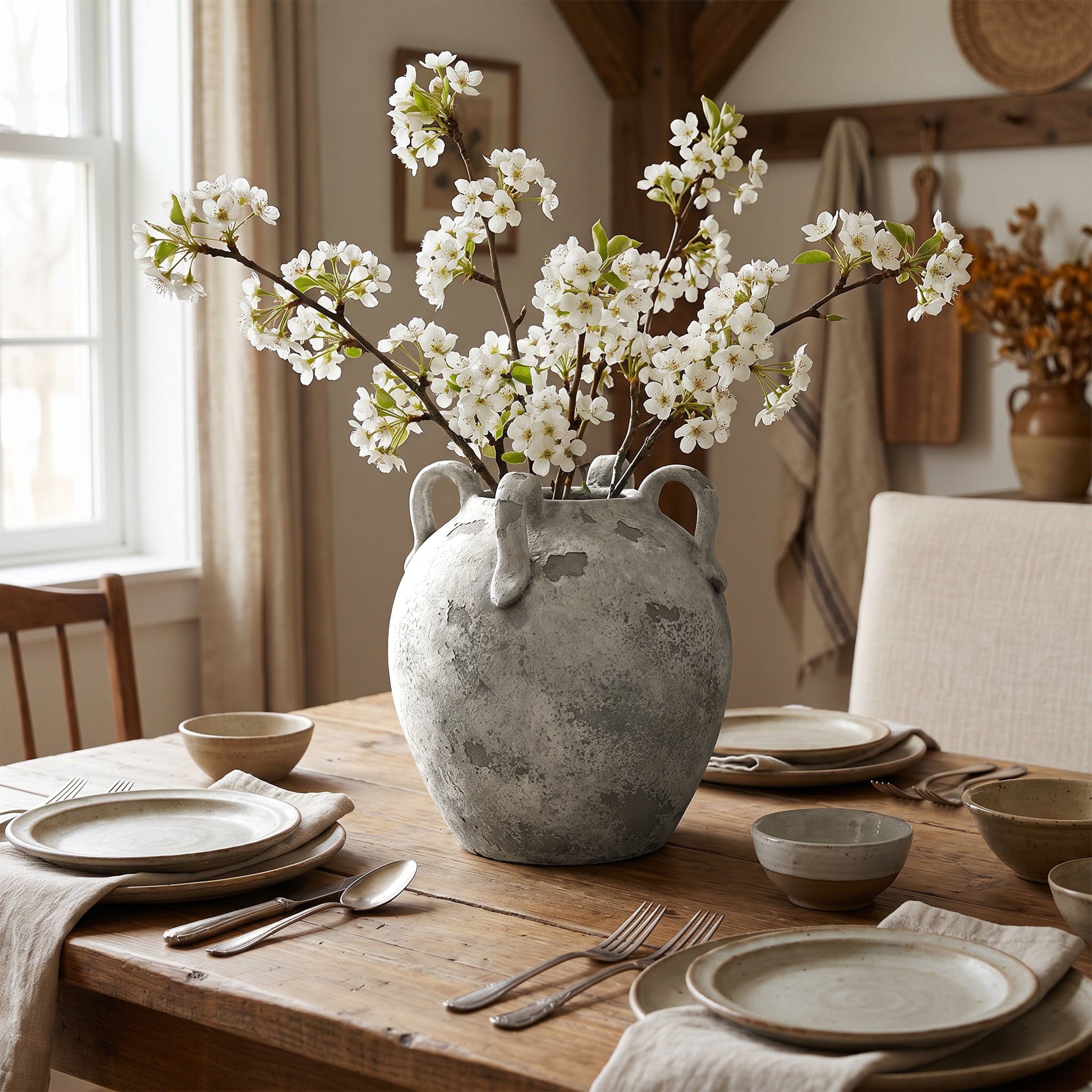 Terracotta Urn Vase with Handles, Marbled Gray-White, 11"