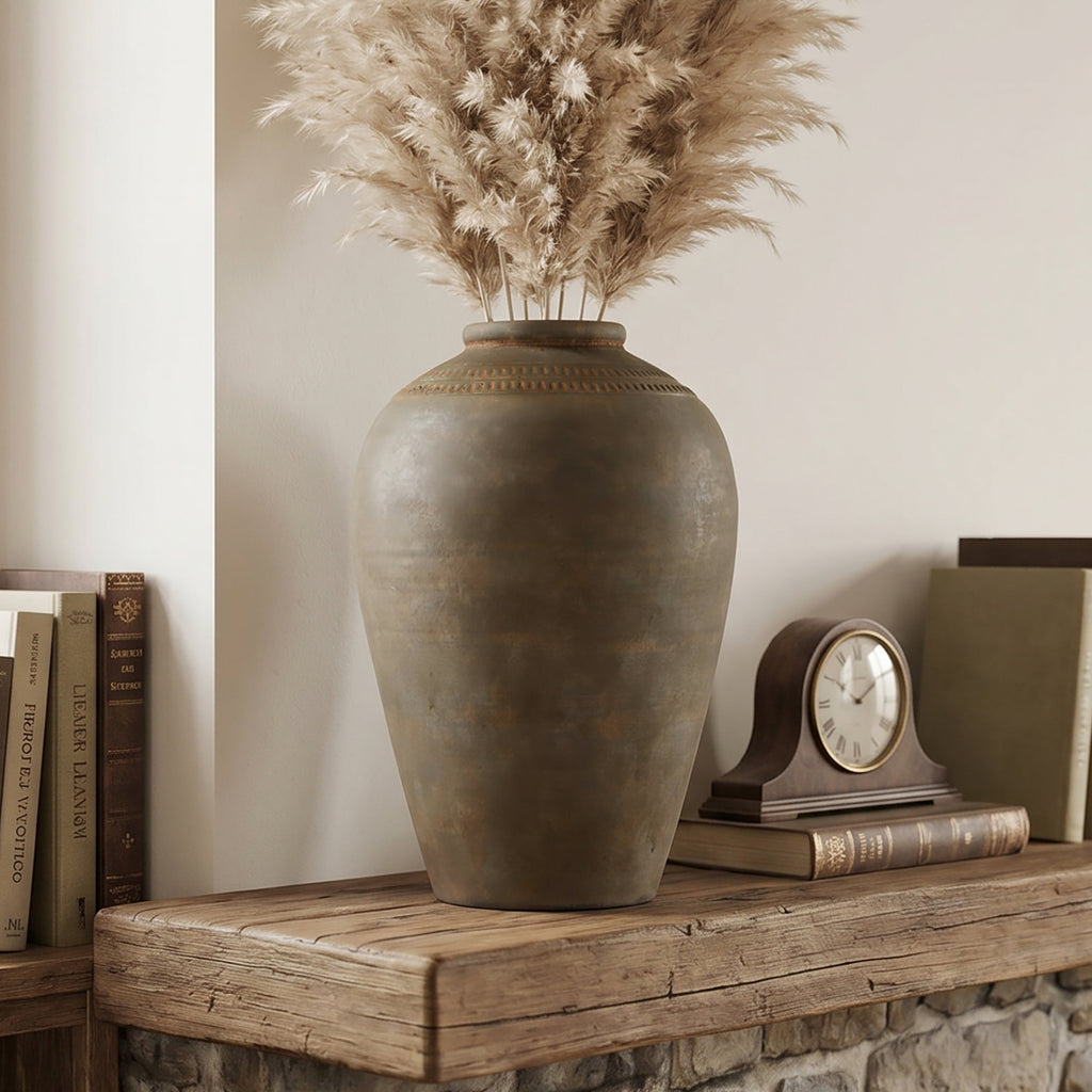 Tall Terracotta Urn Vase, Rustic Brown, 15"