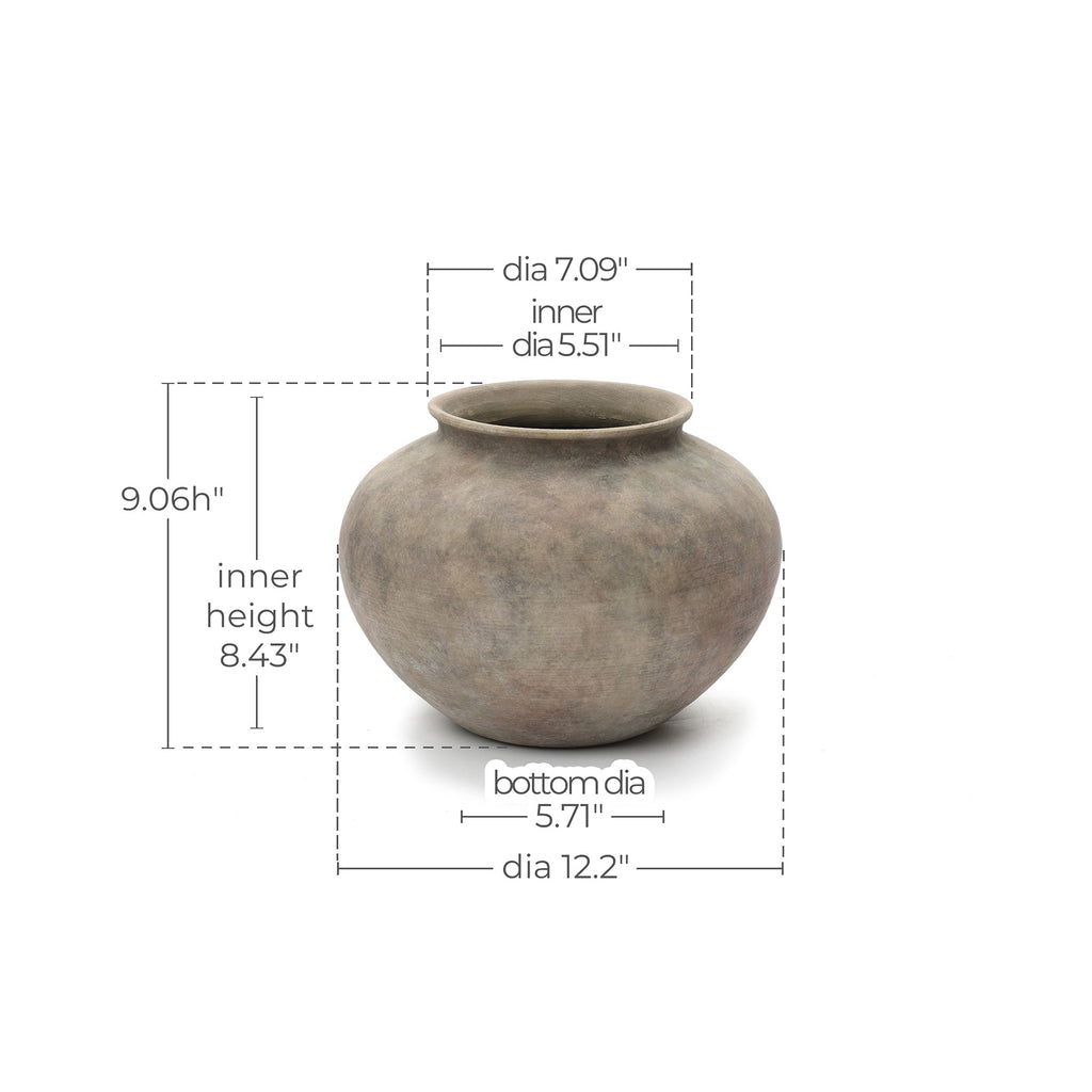 Wide Terracotta Vase, Antique Gray-Brown, 9"