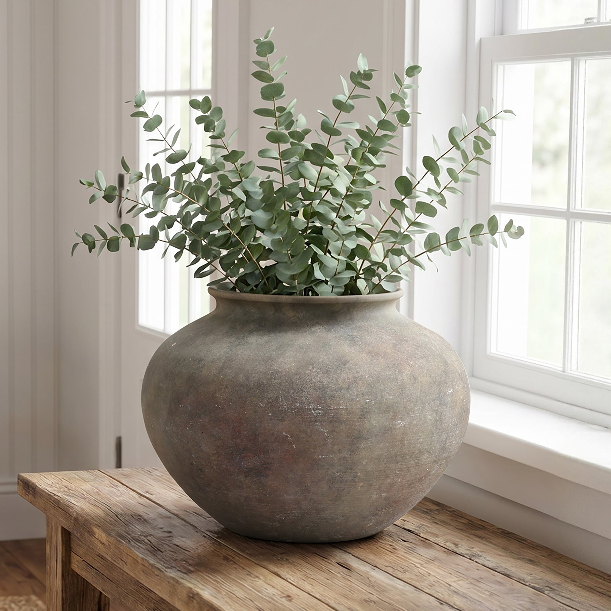 Wide Terracotta Vase, Antique Gray-Brown, 9"