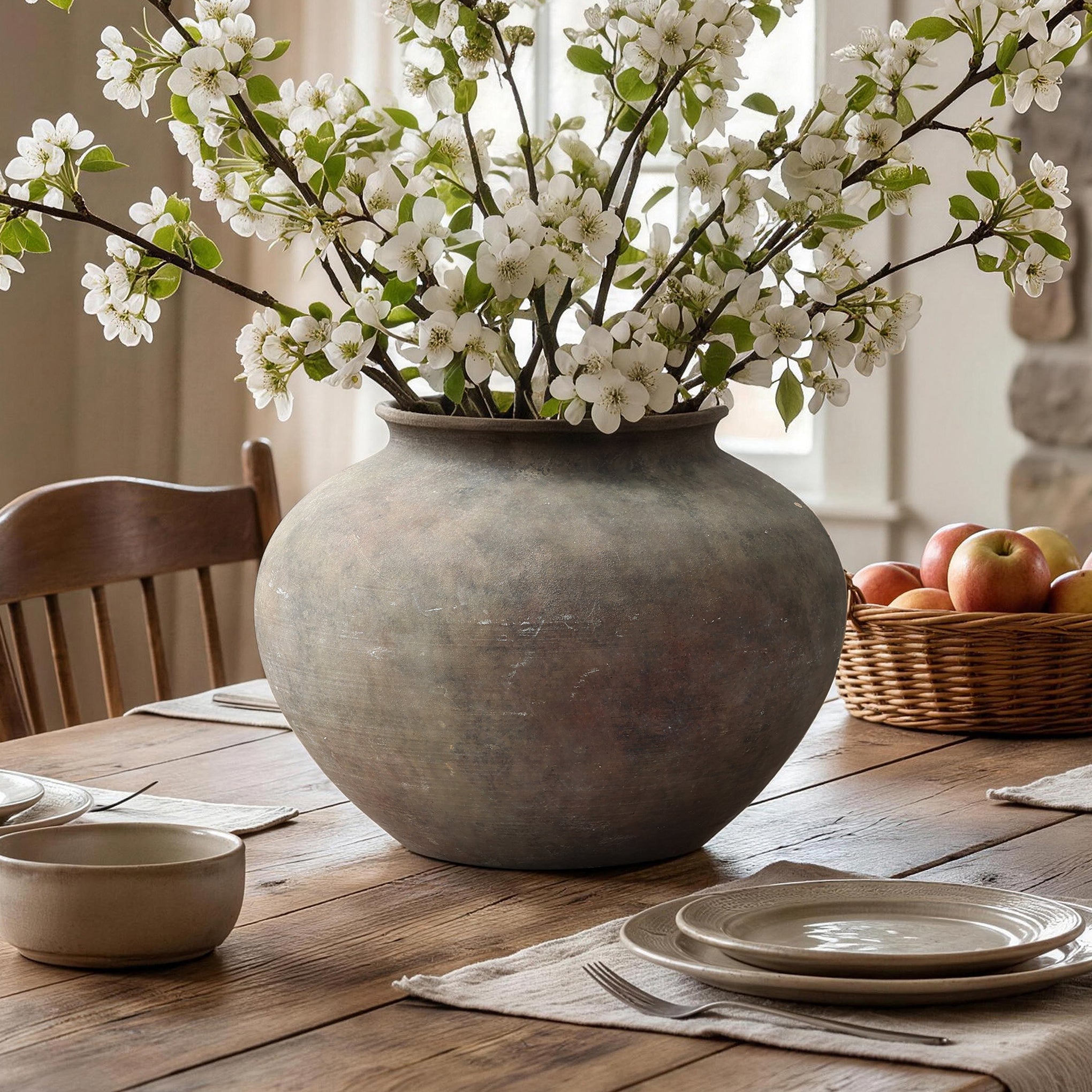 Wide Terracotta Vase, Antique Gray-Brown, 9"
