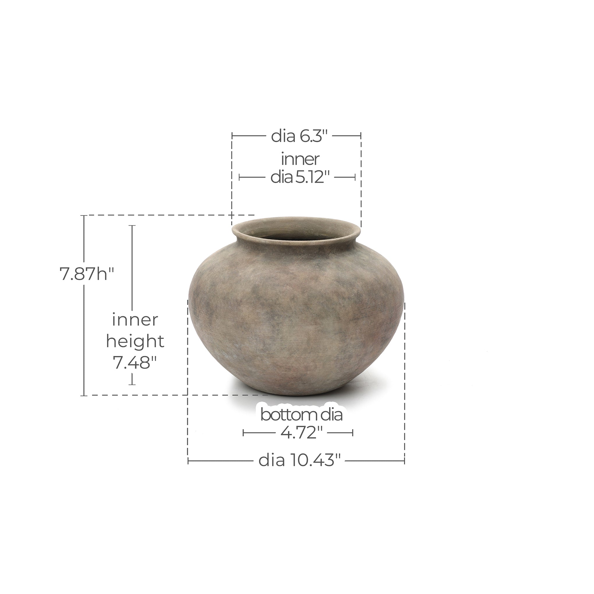 Wide Terracotta Vase, Antique Gray-Brown, 8"