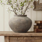 Wide Terracotta Vase, Antique Gray-Brown, 8"