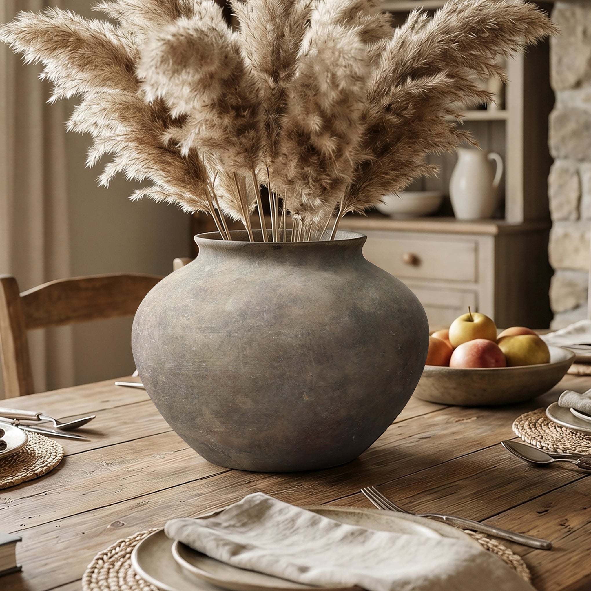Wide Terracotta Vase, Antique Gray-Brown, 8"