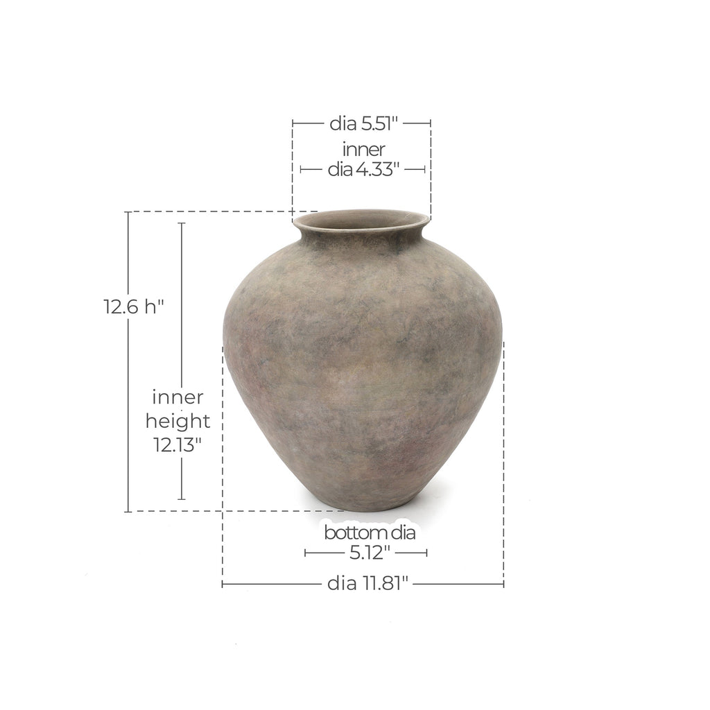 Round Terracotta Vase, Antique Gray-Brown, 13"