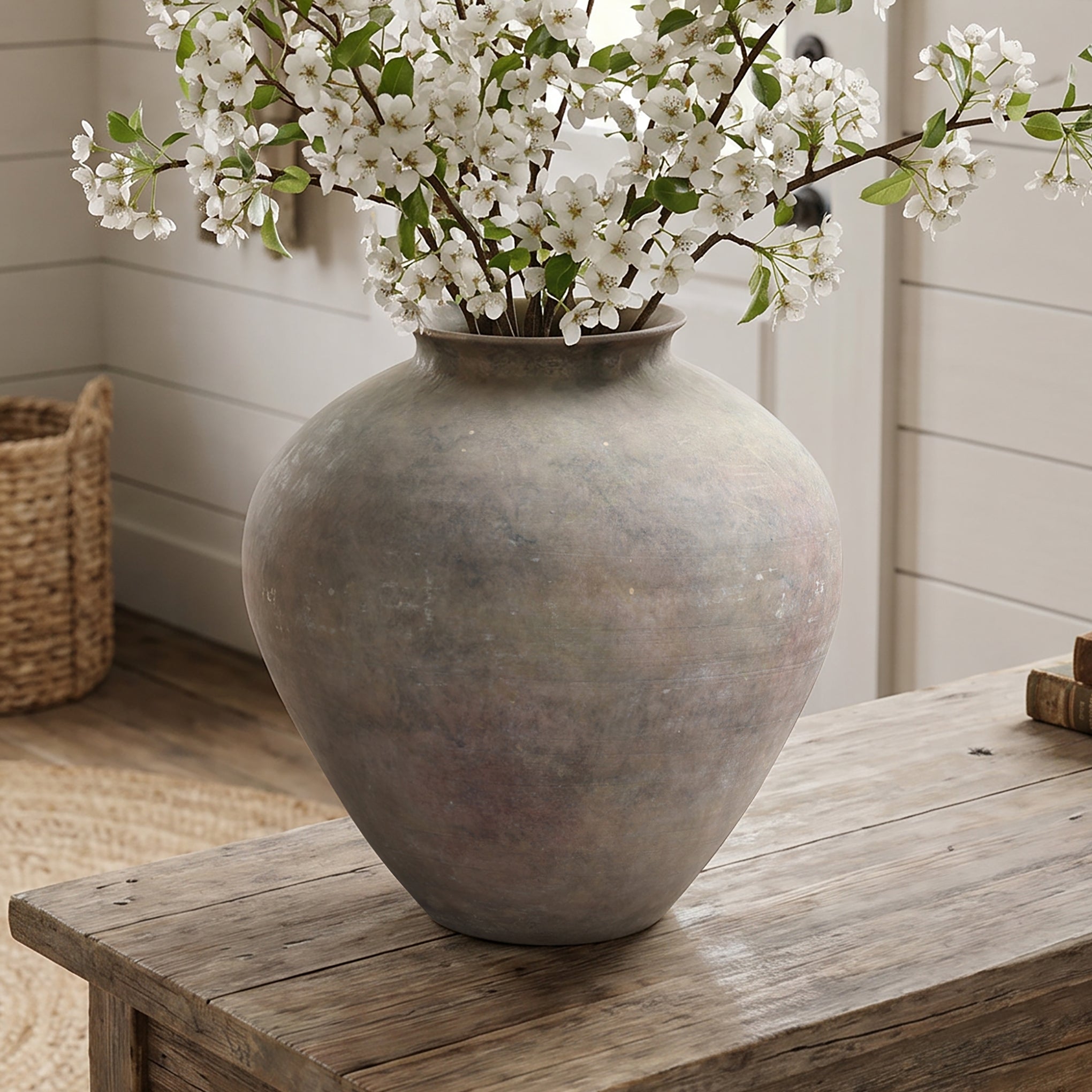 Round Terracotta Vase, Antique Gray-Brown, 13"