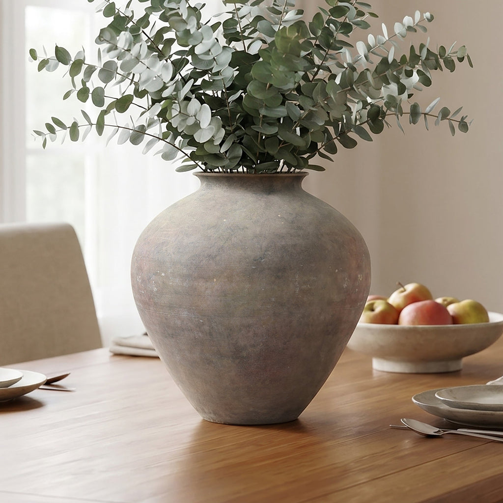 Round Terracotta Vase, Antique Gray-Brown, 13"