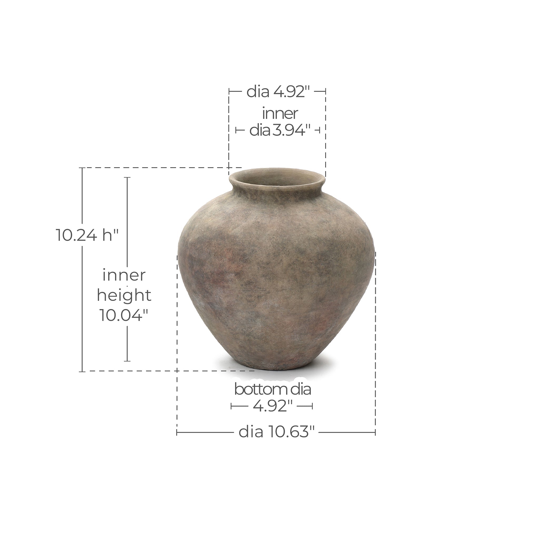 Round Terracotta Vase, Antique Gray-Brown, 11"