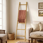 6-Tier Pine Wood Blanket Ladder with Handwoven Rattan Accent, 71"