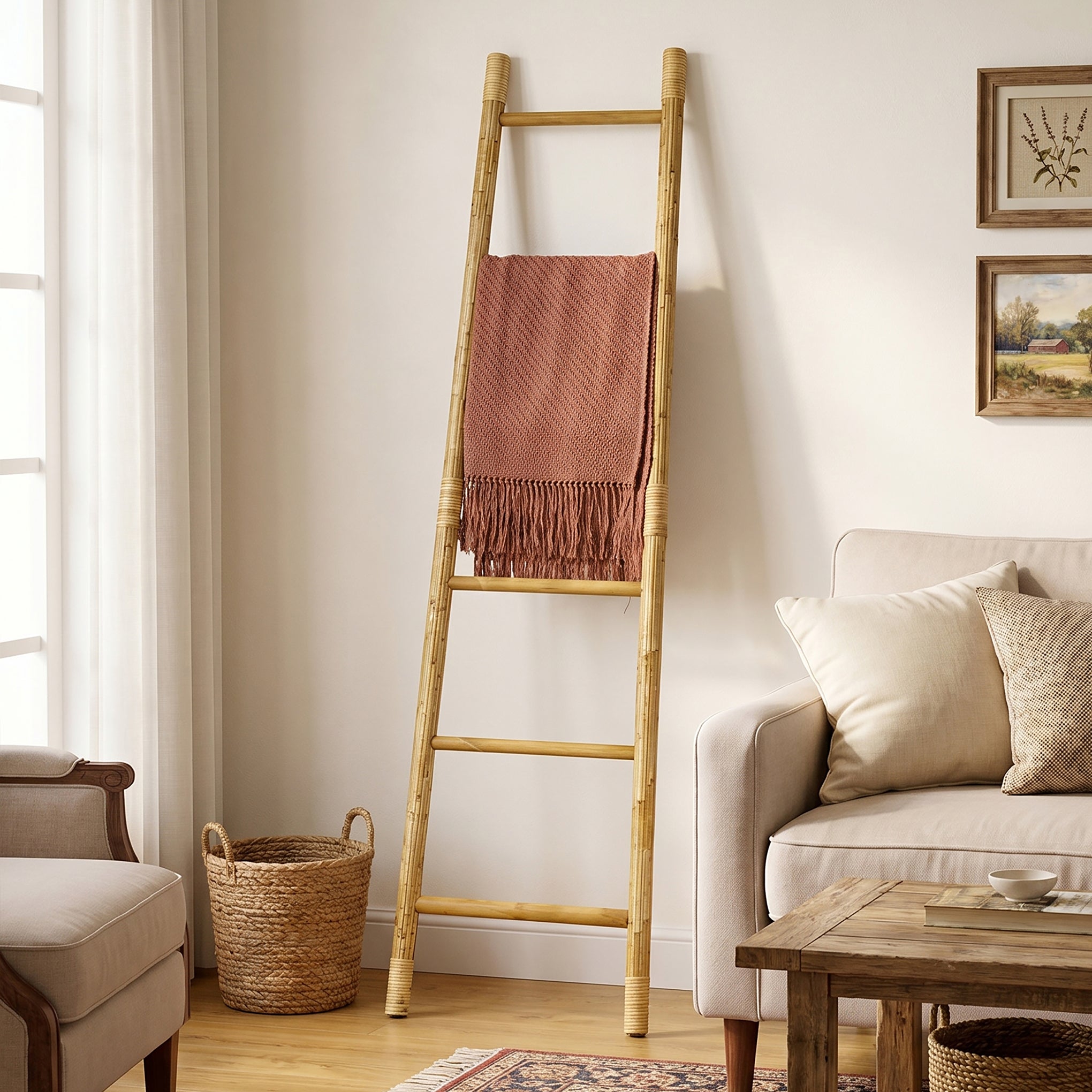 Pine Wood Blanket Ladder with Handwoven Rattan Accent, 71"