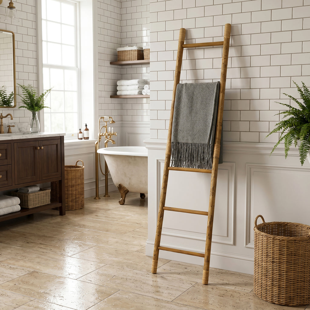 Pine Wood Blanket Ladder with Handwoven Rattan Accent, 71"