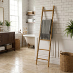 6-Tier Pine Wood Blanket Ladder with Handwoven Rattan Accent, 71"