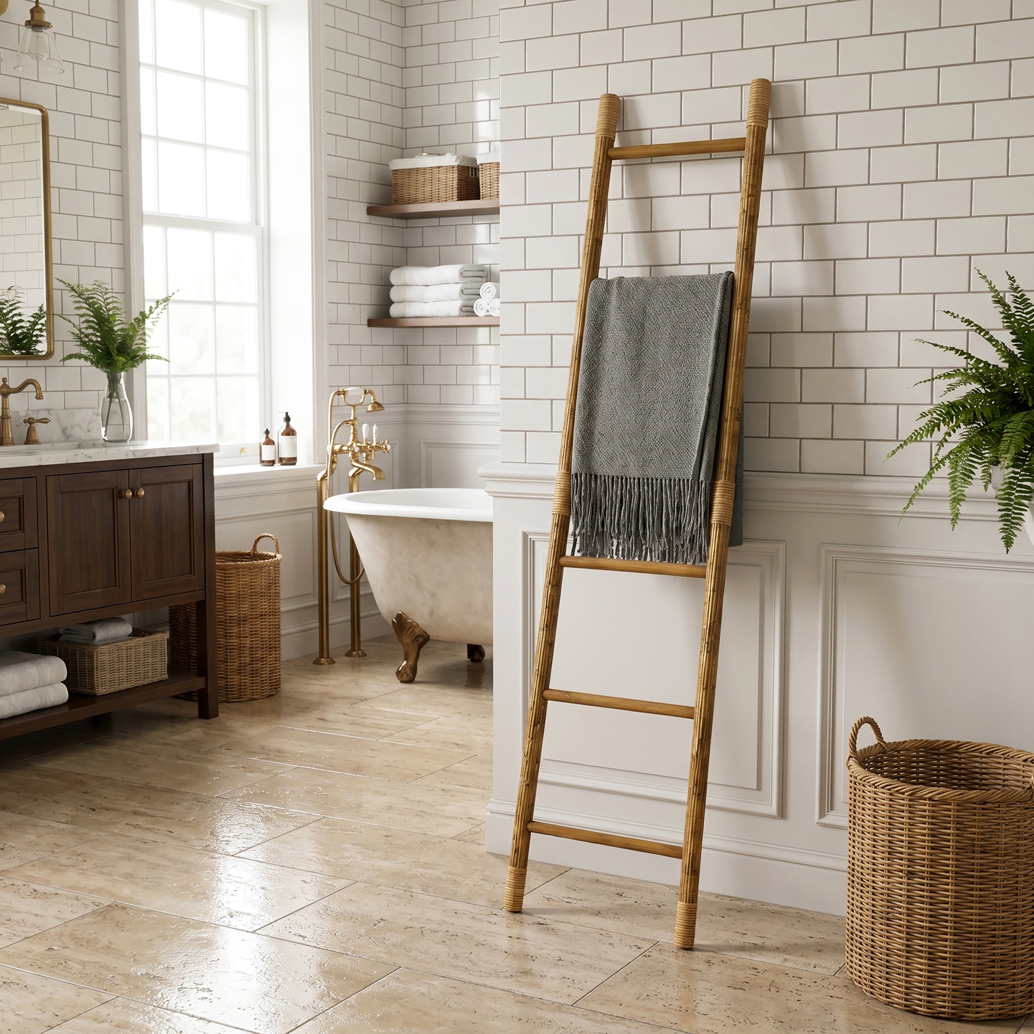 Pine Wood Blanket Ladder with Handwoven Rattan Accent, 71"