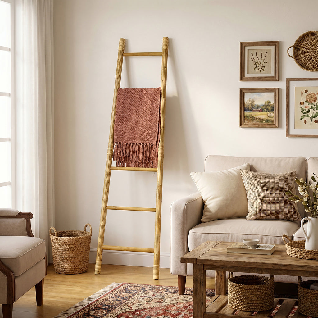 Pine Wood Blanket Ladder with Handwoven Rattan Accent, 71"