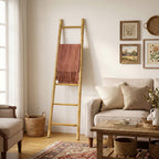 6-Tier Pine Wood Blanket Ladder with Handwoven Rattan Accent, 71"