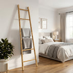 6-Tier Pine Wood Blanket Ladder with Handwoven Rattan Accent, 71"