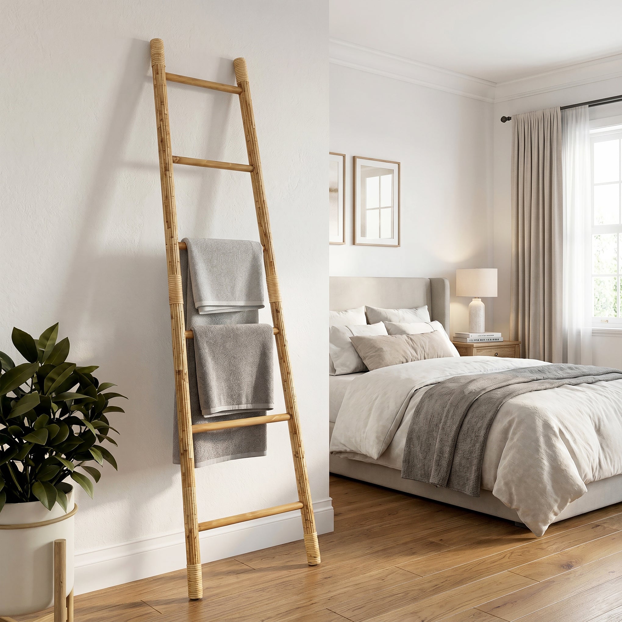 Pine Wood Blanket Ladder with Handwoven Rattan Accent, 71"