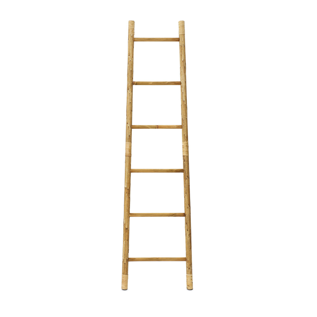 Pine Wood Blanket Ladder with Handwoven Rattan Accent, 71"