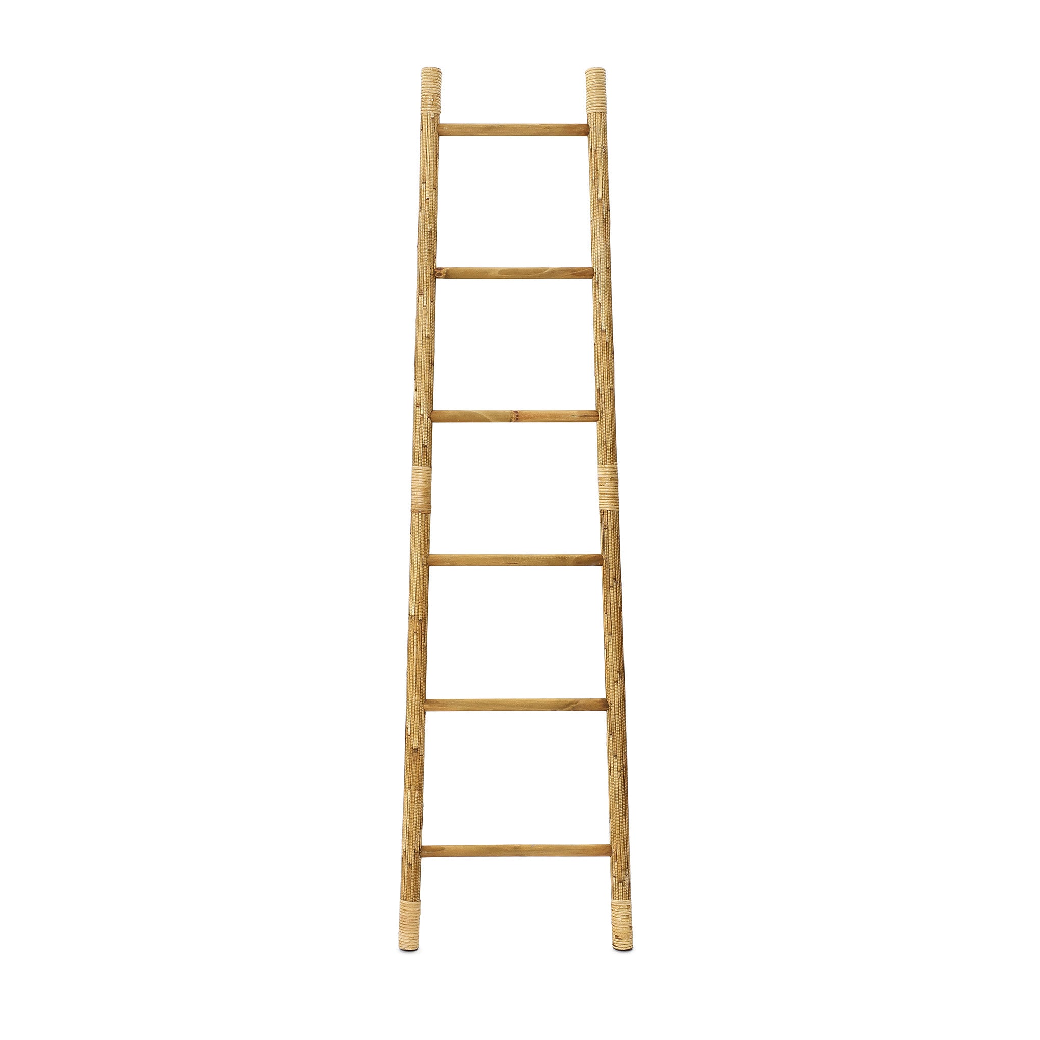 Pine Wood Blanket Ladder with Handwoven Rattan Accent, 71"