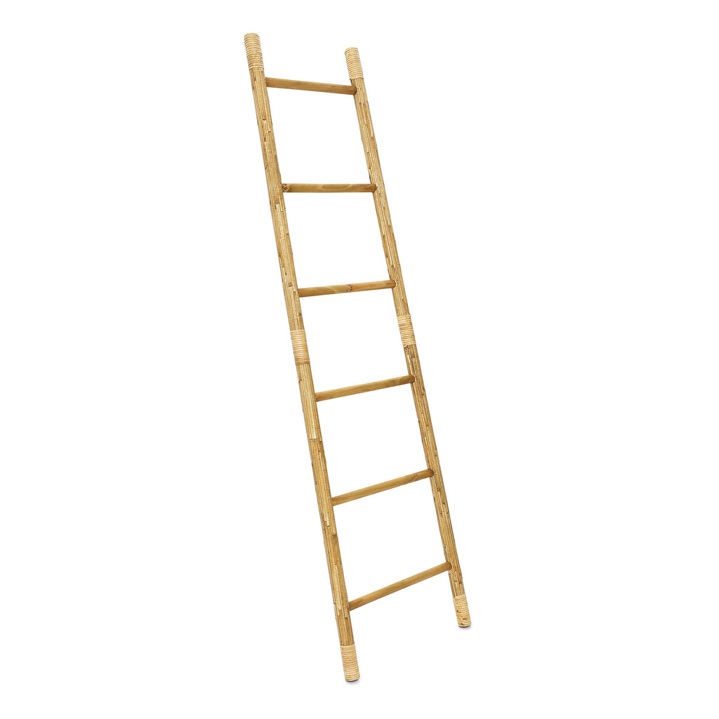 Pine Wood Blanket Ladder with Handwoven Rattan Accent, 71"