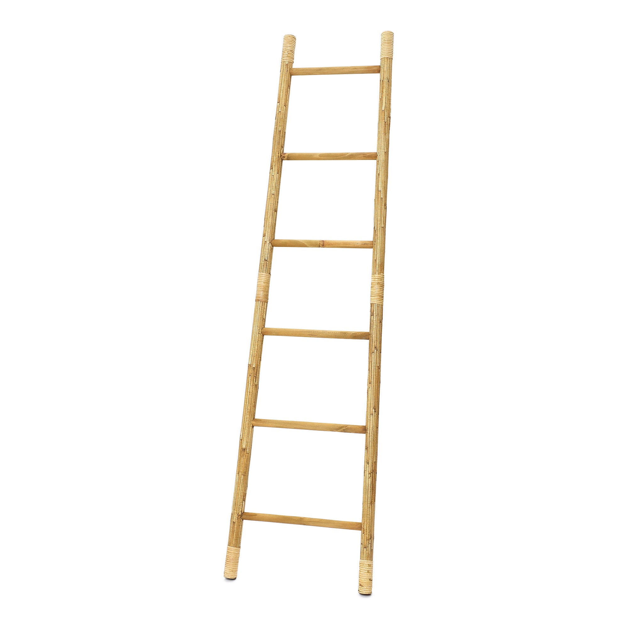 Pine Wood Blanket Ladder with Handwoven Rattan Accent, 71"