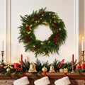 24" Pre-Lit Christmas Wreath with 40 Warm White LED Lights, Auto Timer (6h On/18h Off), Battery Operated Artificial Pine & Red Berry Wreath for Front Door Holiday Decor