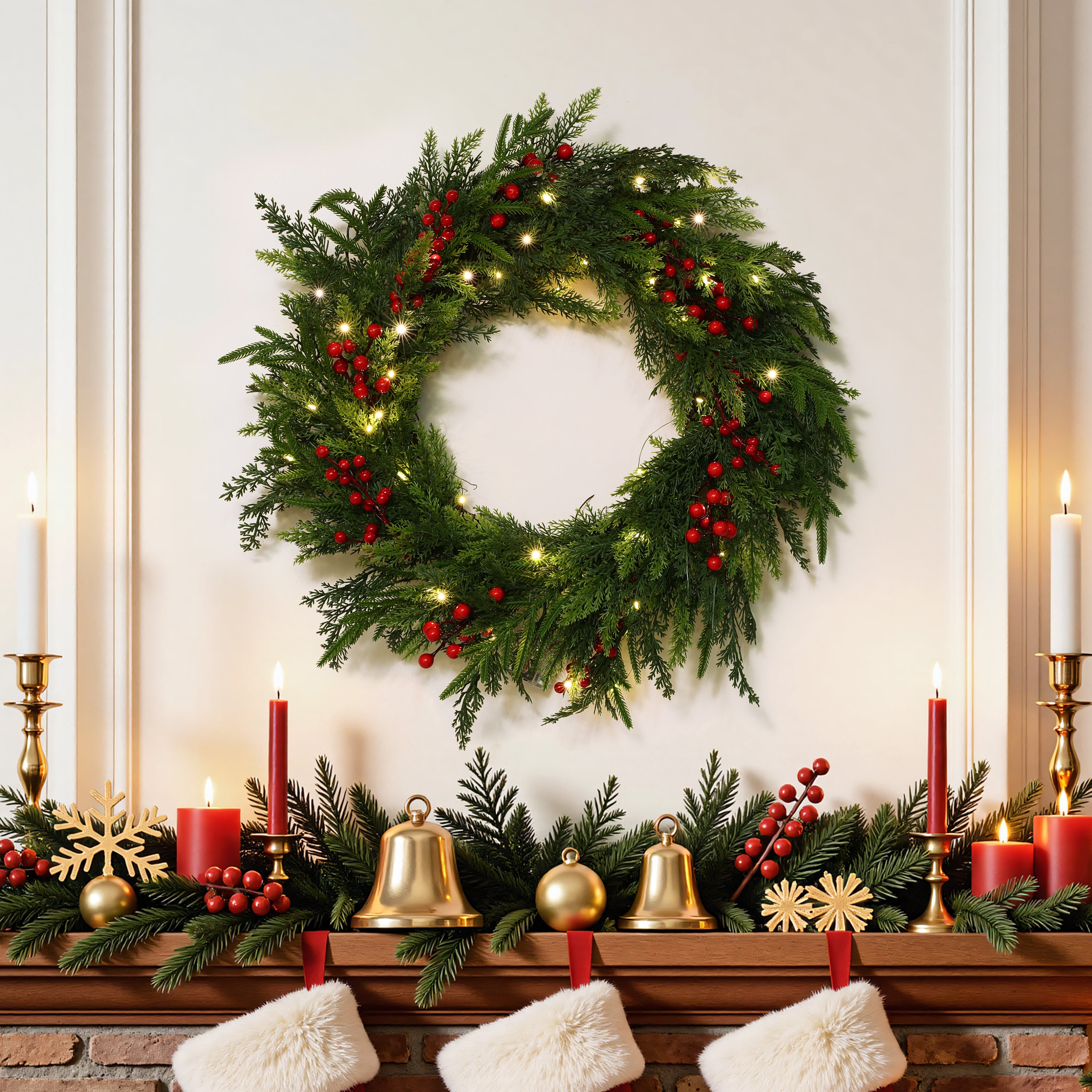 24" Pre-Lit Christmas Wreath with 40 Warm White LED Lights, Auto Timer (6h On/18h Off), Battery Operated Artificial Pine & Red Berry Wreath for Front Door Holiday Decor