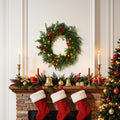 24" Pre-Lit Christmas Wreath with 40 Warm White LED Lights, Red Jingle Bells, Pinecones & Berries, Battery Operated Holiday Wreath with Auto Timer for Front Door Decor