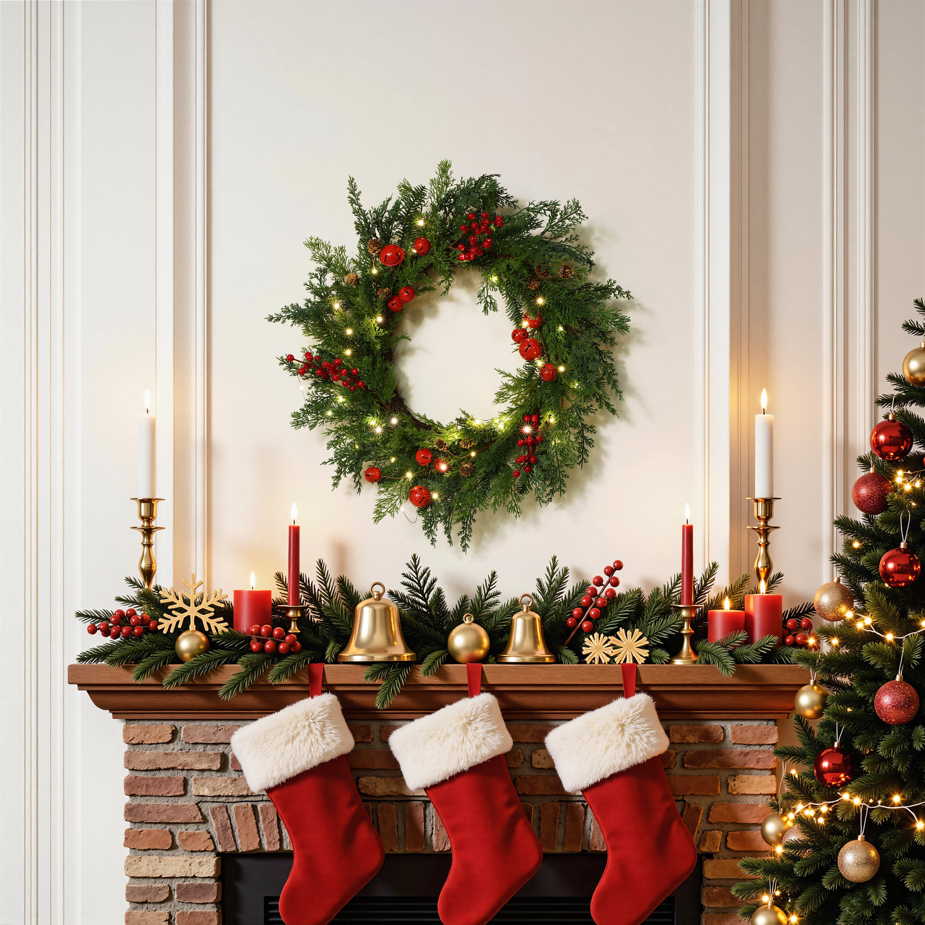 24" Pre-Lit Christmas Wreath with 40 Warm White LED Lights, Red Jingle Bells, Pinecones & Berries, Battery Operated Holiday Wreath with Auto Timer for Front Door Decor