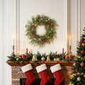 24" Pre-Lit Christmas Wreath with 40 Warm White LED Lights, Frosted Eucalyptus Leaves & Red Berries, Battery Operated Holiday Wreath with Auto Timer for Front Door Decor
