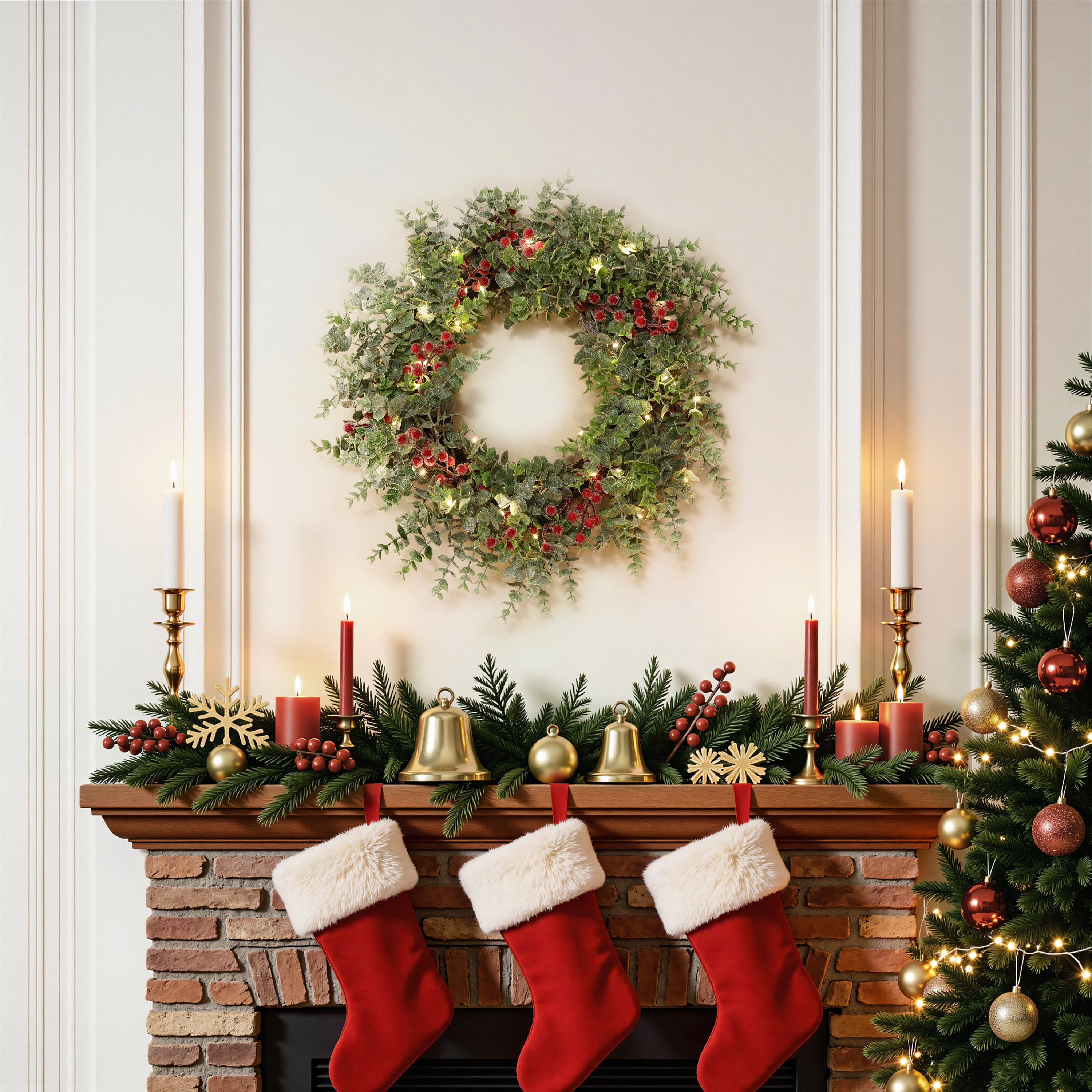 24" Pre-Lit Christmas Wreath with 40 Warm White LED Lights, Frosted Eucalyptus Leaves & Red Berries, Battery Operated Holiday Wreath with Auto Timer for Front Door Decor