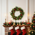 24" Pre-Lit Christmas Wreath with 40 Warm White LED Lights, Red Baubles, Ornaments & Berries, Battery Operated Mixed Greenery Holiday Wreath with Auto Timer for Front Door Decor