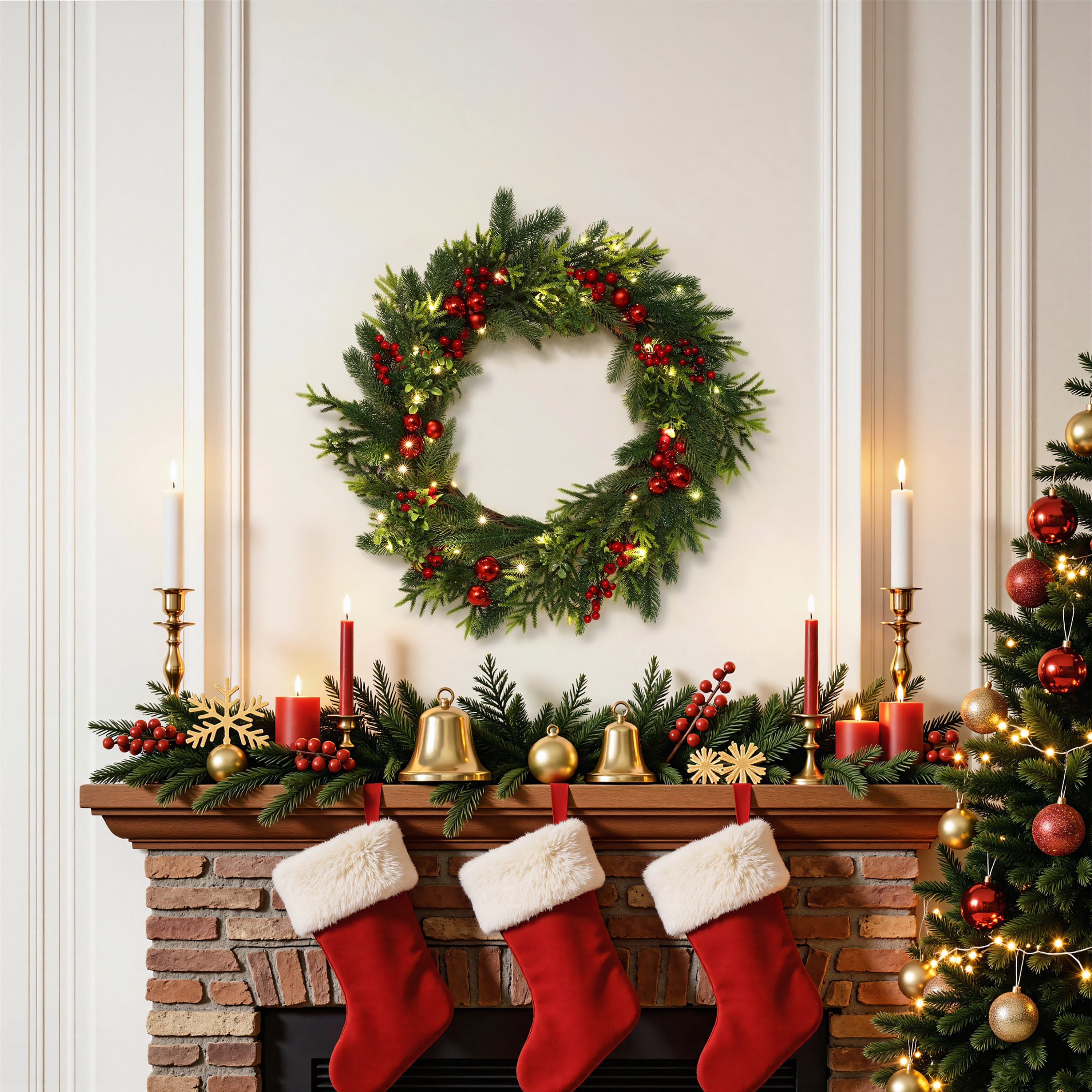 24" Pre-Lit Christmas Wreath with 40 Warm White LED Lights, Red Baubles, Ornaments & Berries, Battery Operated Mixed Greenery Holiday Wreath with Auto Timer for Front Door Decor