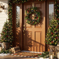 24" Pre-Lit Christmas Wreath with 40 Warm White LED Lights, Frosted Pinecones, Red Apples & Magnolia Leaves, Battery Operated Holiday Wreath with Auto Timer for Front Door Decor