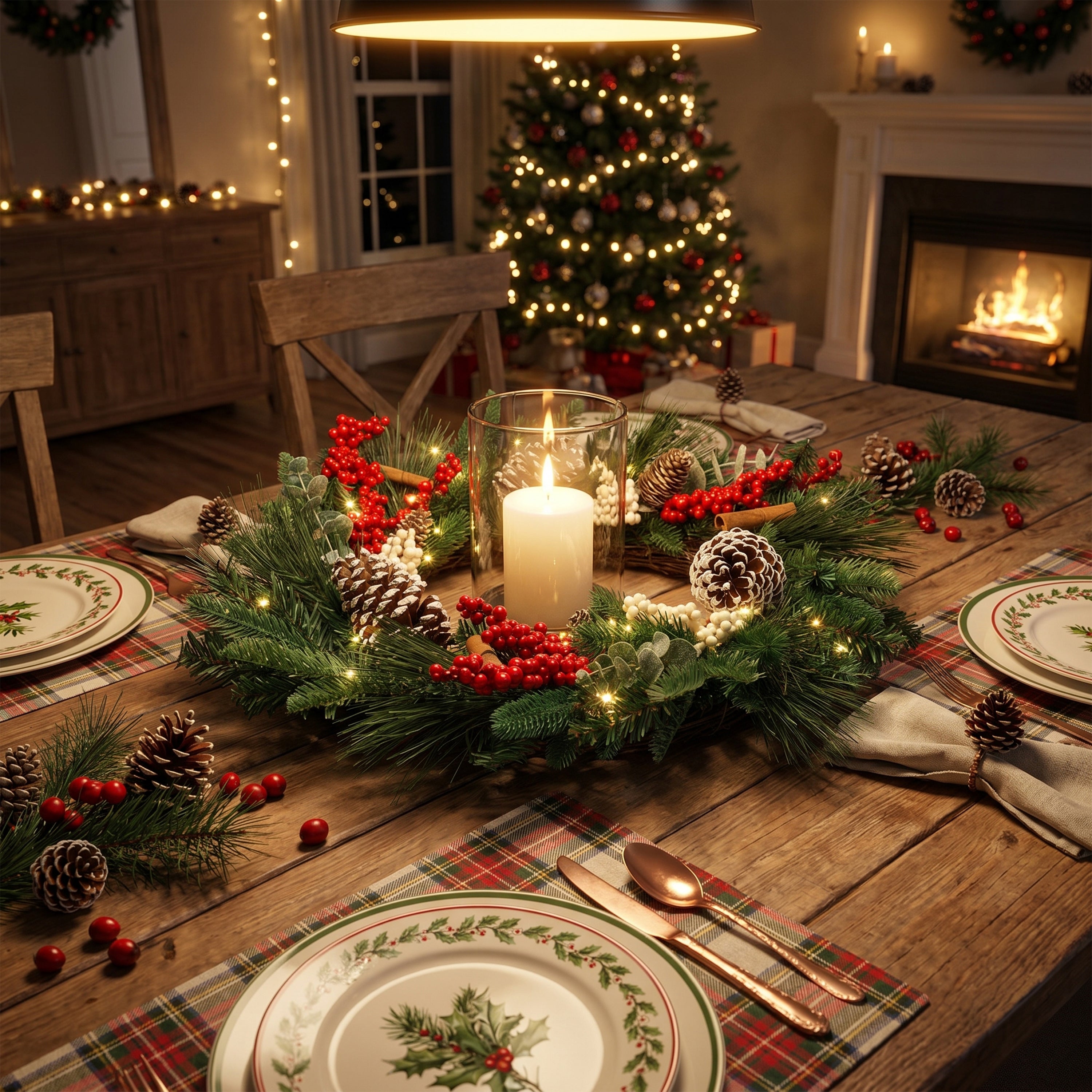 24" Pre-Lit Christmas Wreath with 40 Warm White LED Lights, Cinnamon Sticks, Frosted Pinecones, Red & White Berries, Battery Operated Holiday Wreath with Timer for Front Door Decor