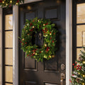 24" Pre-Lit Christmas Wreath with 40 Warm White LED Lights, Red Berry Clusters & Rustic Pinecones, Battery Operated Holiday Decor with 6/18 Hour Timer for Front Door, Mantel, and Wall