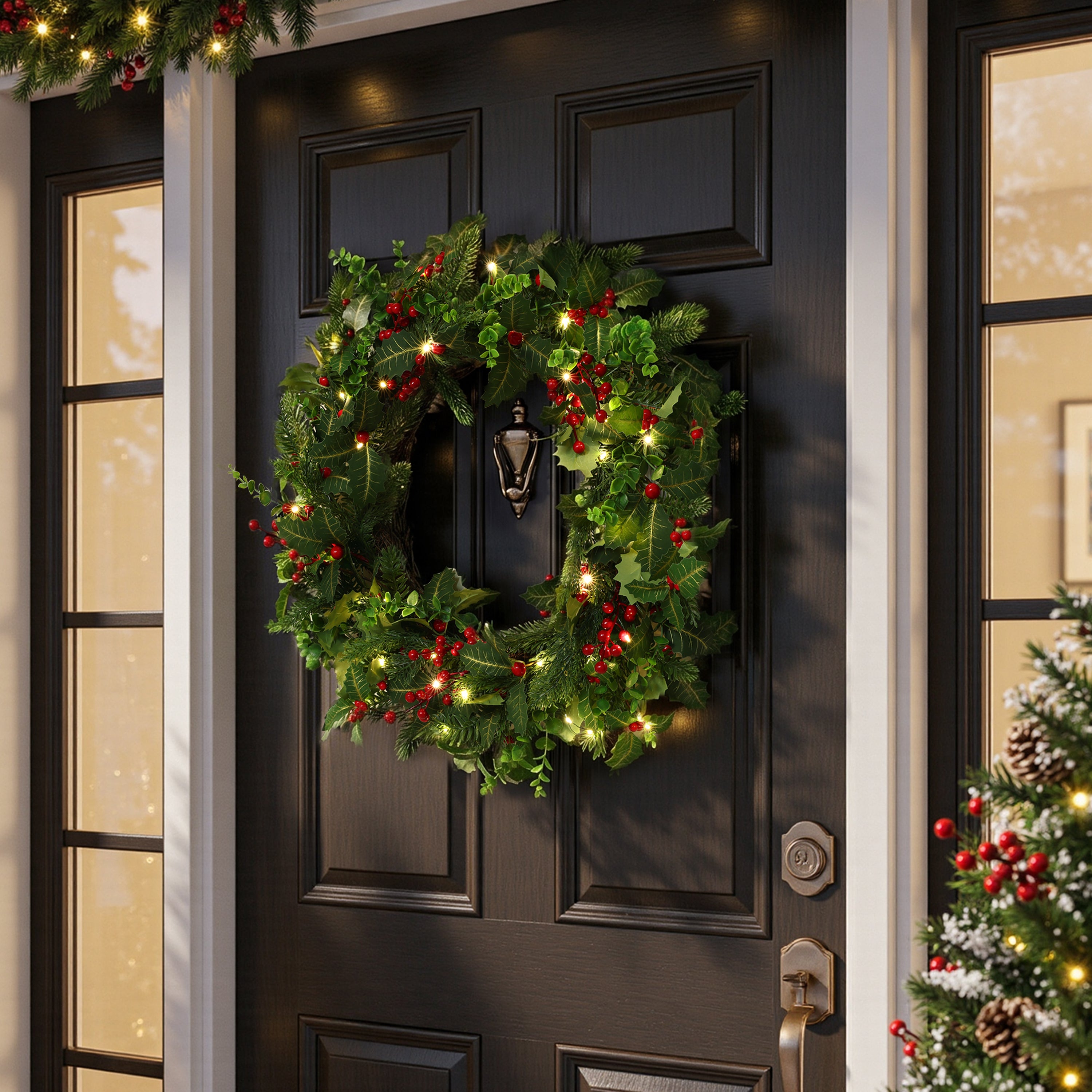 24" Pre-Lit Christmas Wreath with 40 Warm White LED Lights, Red Berry Clusters & Rustic Pinecones, Battery Operated Holiday Decor with 6/18 Hour Timer for Front Door, Mantel, and Wall