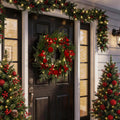 24" Pre-Lit Christmas Wreath with 40 Warm White LED Lights, Red Velvet Pom-Poms & Berries, Battery Operated Thick Holiday Wreath with Auto Timer for Front Door Decor