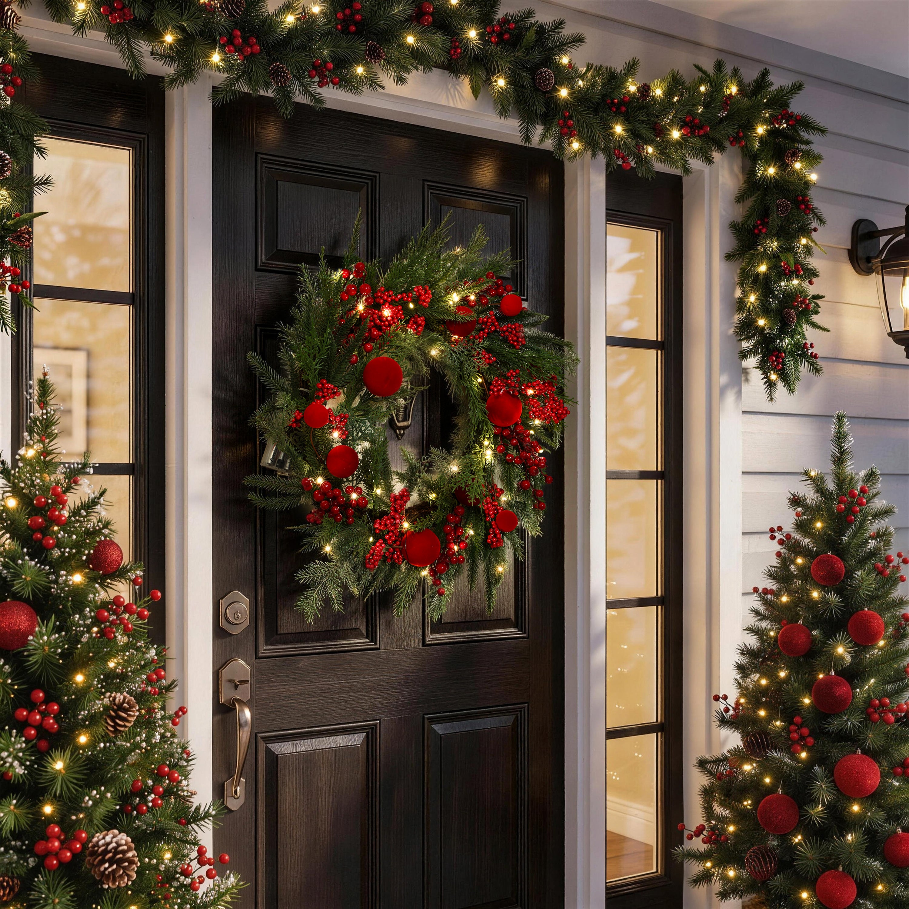 24" Pre-Lit Christmas Wreath with 40 Warm White LED Lights, Red Velvet Pom-Poms & Berries, Battery Operated Thick Holiday Wreath with Auto Timer for Front Door Decor