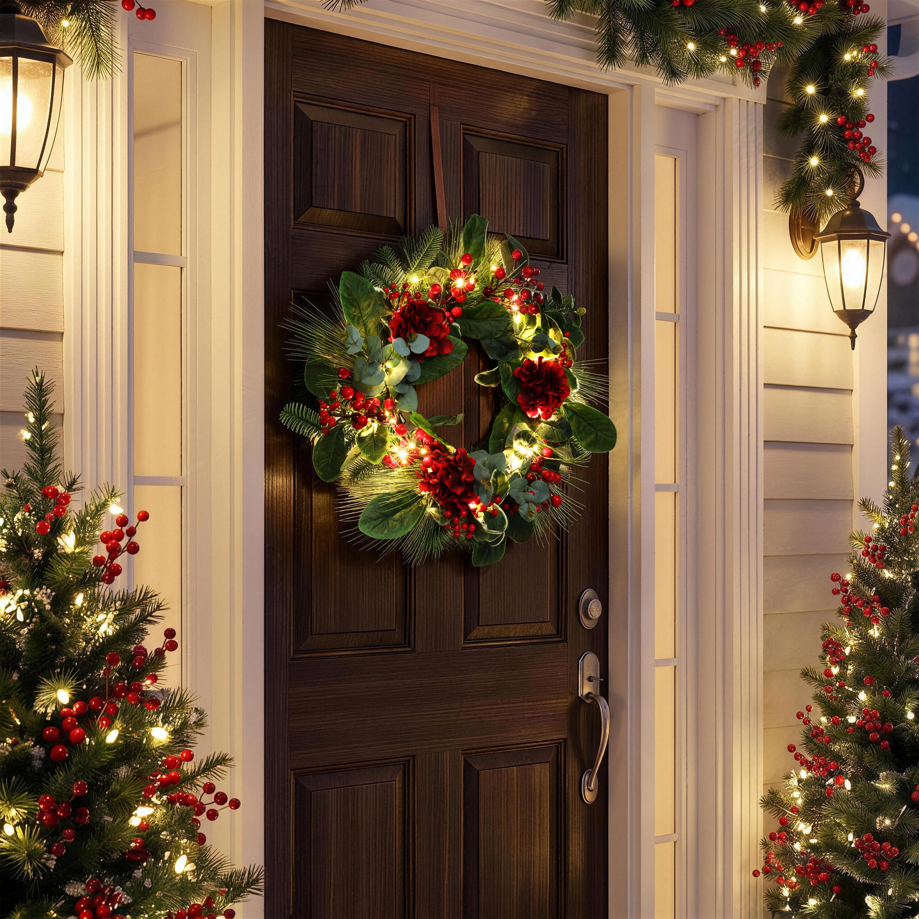 24" Pre-Lit Christmas Wreath with 25 Warm White LED Lights, Red Hydrangea Blossoms, Eucalyptus & Magnolia Leaves, Battery Operated Holiday Floral Wreath with Auto Timer for Front Door Decor