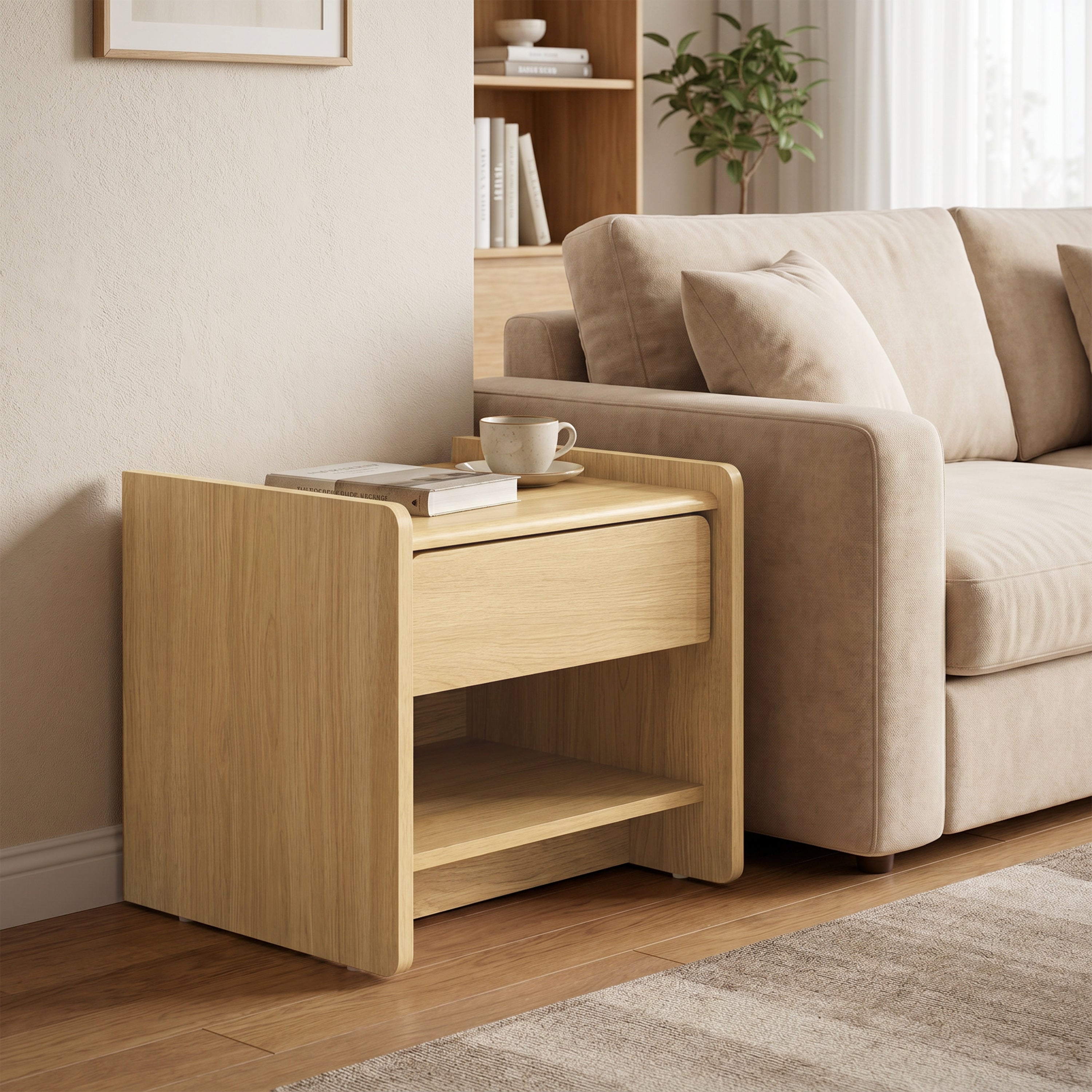 1-Drawer Hazel Oak Wood Nightstand with Shelf, 19"