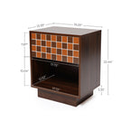 Walnut Side Table Geometric Mosaic Drawer Open Shelf