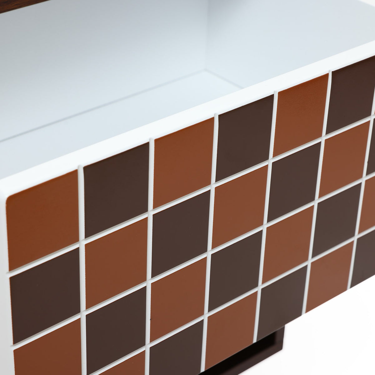 Walnut Side Table Geometric Mosaic Drawer Open Shelf