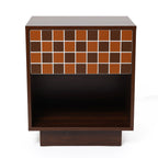 Walnut Side Table Geometric Mosaic Drawer Open Shelf