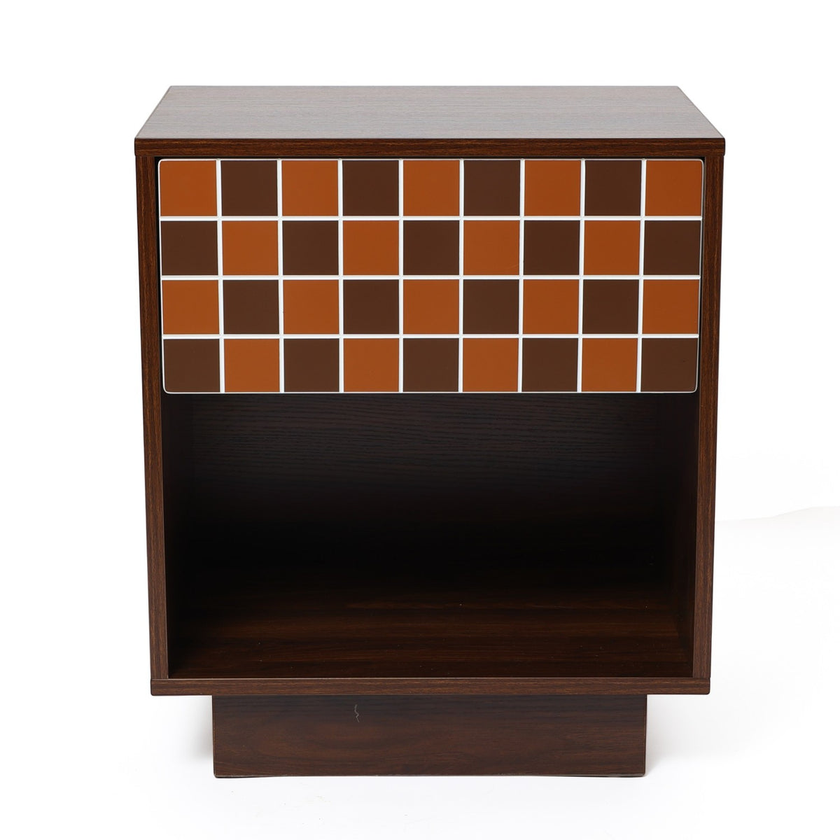 Walnut Side Table Geometric Mosaic Drawer Open Shelf