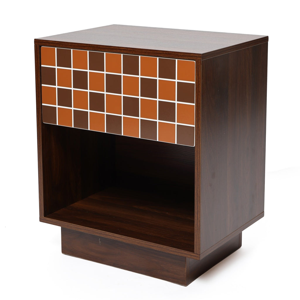 Walnut Side Table Geometric Mosaic Drawer Open Shelf